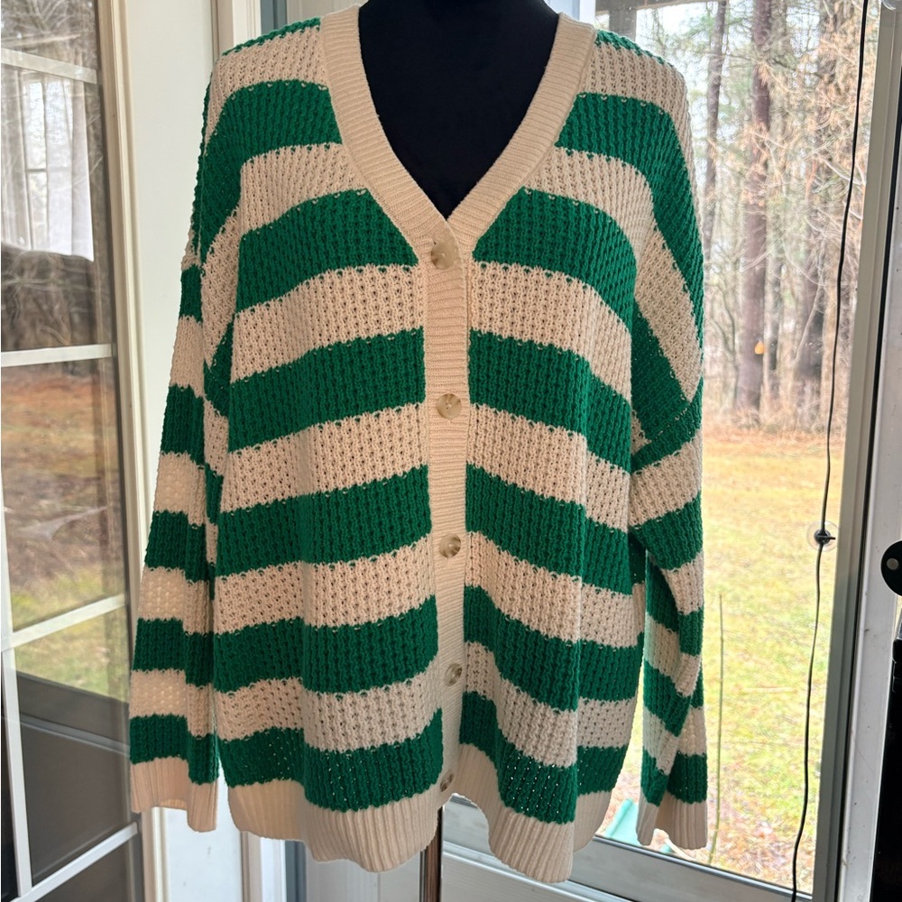Sonoma Cream and Green Striped V-Neck Button Cardigan